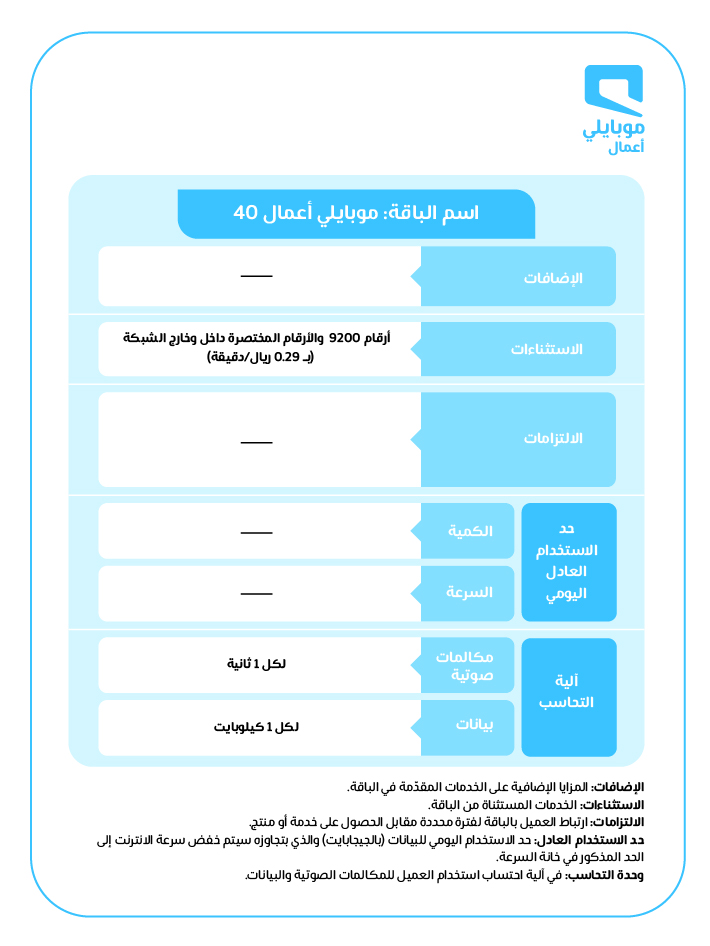 Mobily باقات موبايلي أعمال المفوترة